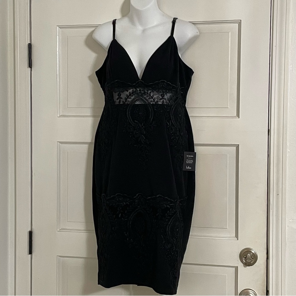 NEW Lulus V-Neck Lace‎ See Through Black Minidress